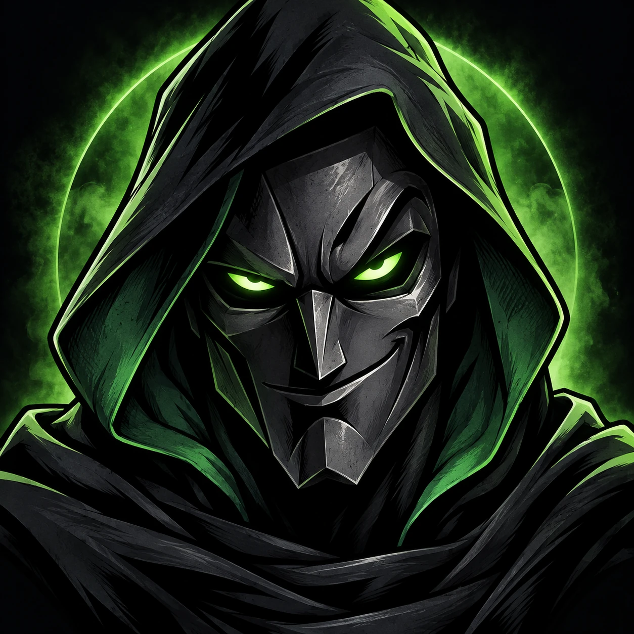 DRDOOM, a hooded villain with an angular metallic mask and glowing green eyes